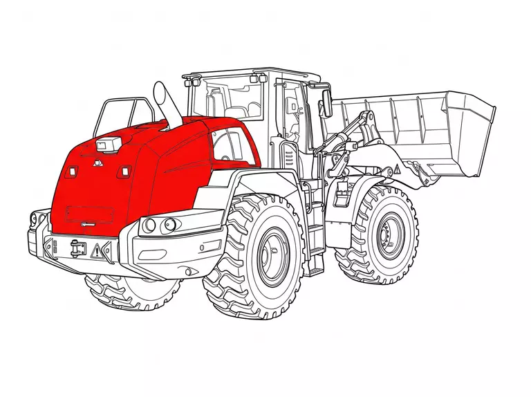 Technische Illustration eines Radladers mit rot markierter GFK-Motorhaube